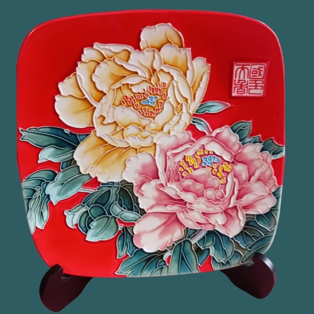 Decorative Plate With Floral Relief Design & Stand "10" Red Background - Picture 6 of 6